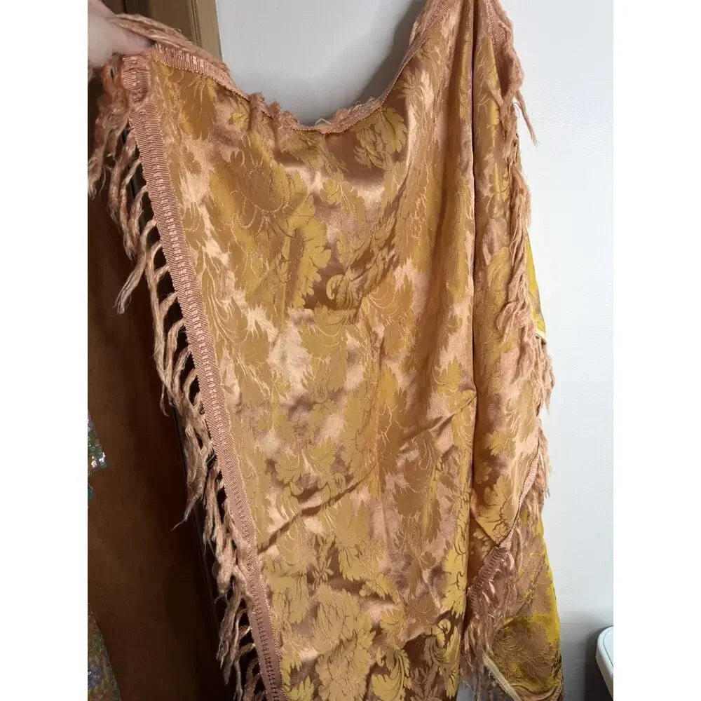 Antique Brocade Fringed Floral Piano Scarf Shawl Silk Tapestry Pink Yellow VTG_2